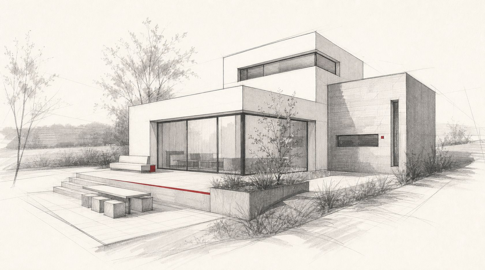 Esquisse architecturale grise d’une habitation contemporaine avec accents rouges
